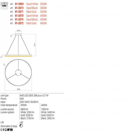Suspension Redo Febe, metal, matt gold, dimmable, LED, 50W, 3250 lumens, warm white 3000K, D.80 cm