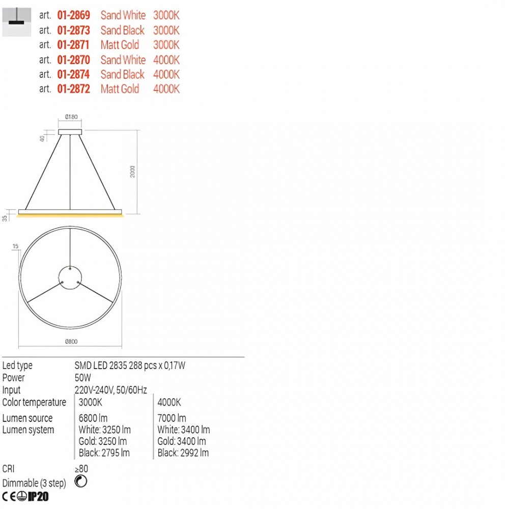 Suspension Redo Febe, metal, matt gold, dimmable, LED, 50W, 3400 lumens, neutral white 4000K, D.80 cm