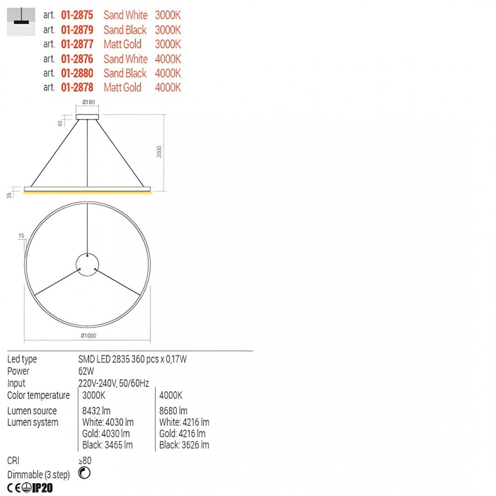Suspension Redo Febe, metal, sand black, dimmable, LED, 62W, 3465 lumens, warm white 3000K, D.100 cm