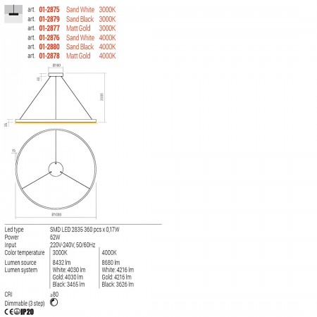 Suspension Redo Febe, metal, sand white, dimmable, LED, 62W, 4030 lumens, warm white 3000K, D.100 cm