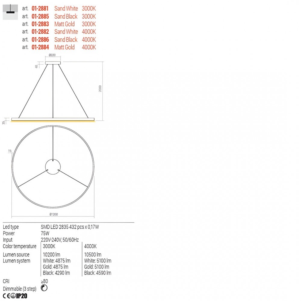 Suspension Redo Febe, metal, sand black, dimmable, LED, 75W, 4290 lumens, warm white 3000K, D.120 cm