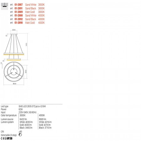 Suspension Redo Febe, metal, matt gold, dimmable, LED, 62W, 4216 lumens, neutral white 4000K, D.60 cm