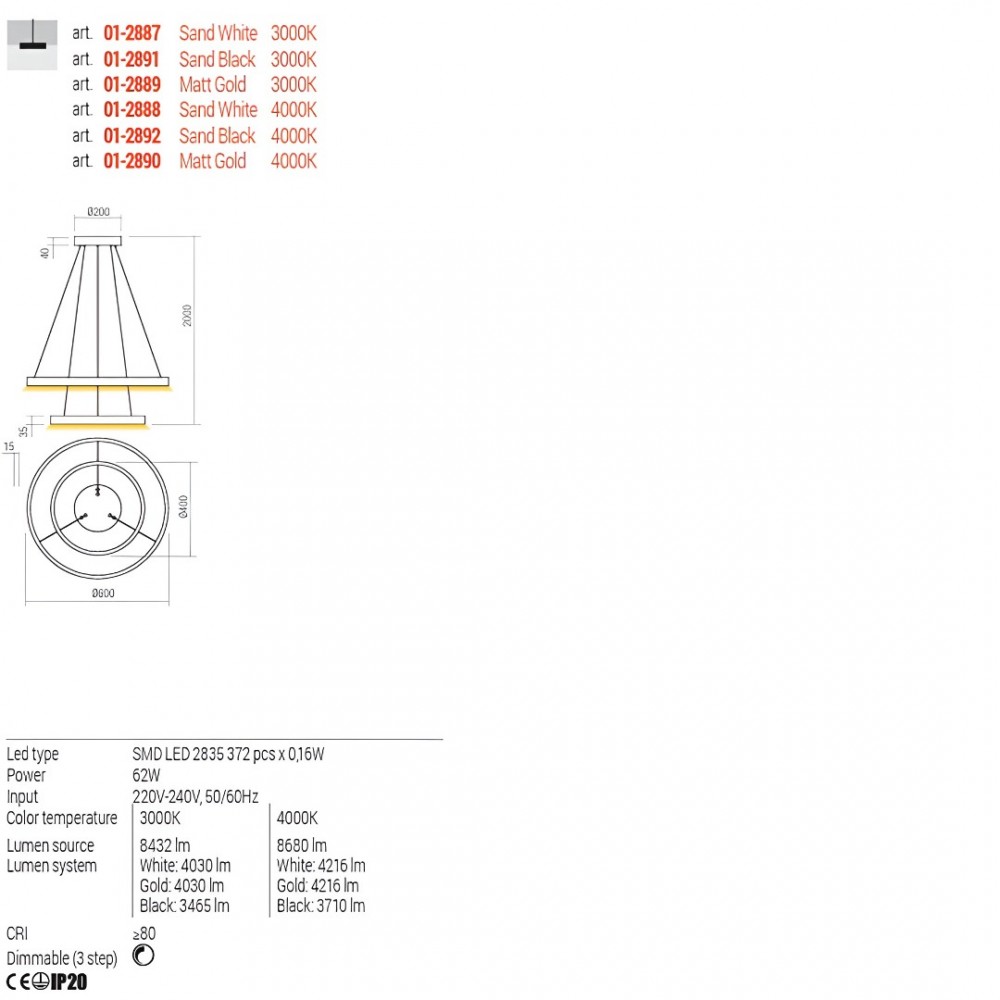 Suspension Redo Febe, metal, sand black, dimmable, LED, 62W, 3710 lumens, neutral white 4000K, D.60 cm