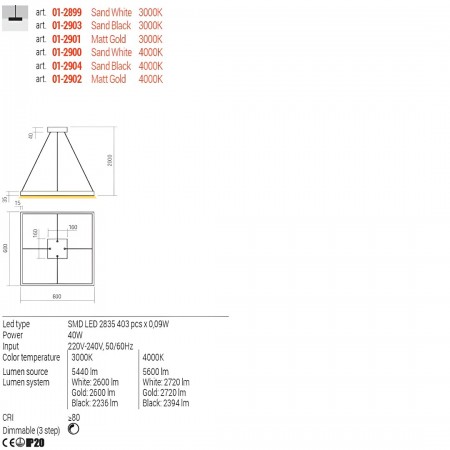 Suspension Redo Febe, metal, sand black, dimmable, LED, 40W, 2236 lumens, warm white 3000K, L.60 cm