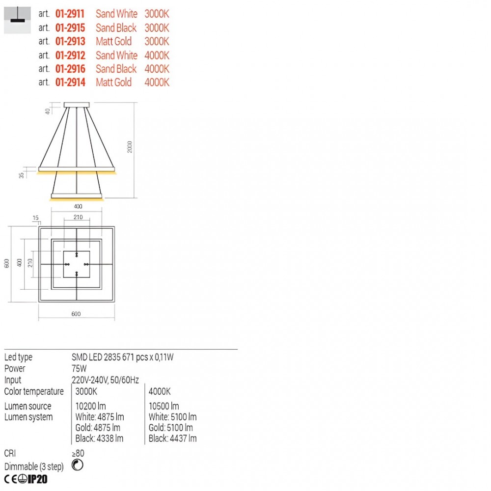 Suspension Redo Febe, metal, matt gold, dimmable, LED, 75W, 4875 lumens, warm white 3000K, L.60 cm