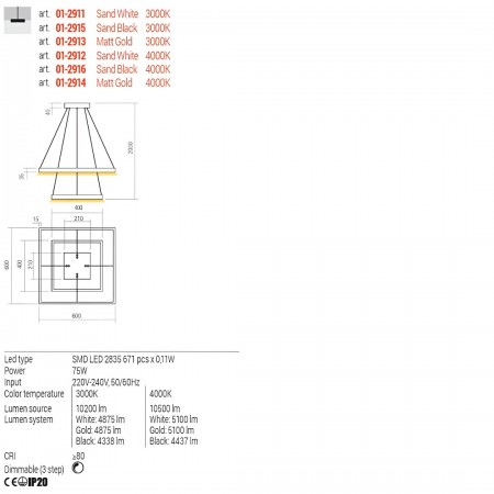 Suspension Redo Febe, metal, sand black, dimmable, LED, 75W, 4338 lumens, warm white 3000K, L.60 cm