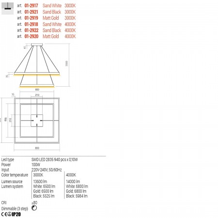 Suspension Redo Febe, metal, sand white, dimmable, LED, 100W, 6500 lumens, warm white 3000K, L.80 cm