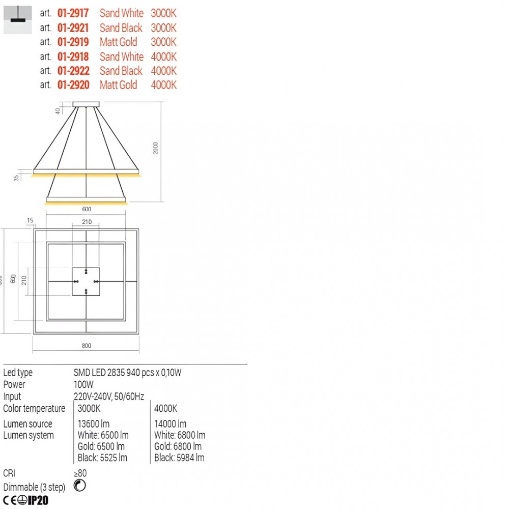 Suspension Redo Febe, metal, sand black, dimmable, LED, 100W, 5984 lumens, neutral white 4000K, L.80 cm