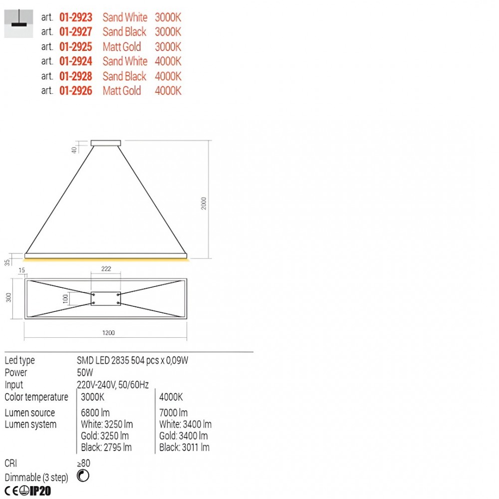 Suspension Redo Febe, metal, sand white, dimmable, LED, 50W, 3250 lumens, warm white 3000K, L.120 cm