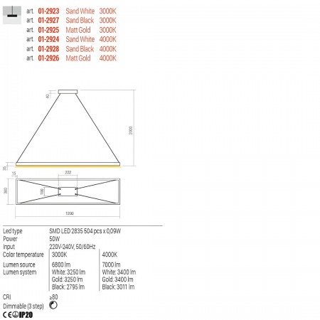 Suspension Redo Febe, metal, sand black, dimmable, LED, 50W, 3011 lumens, neutral white 4000K, L.120 cm