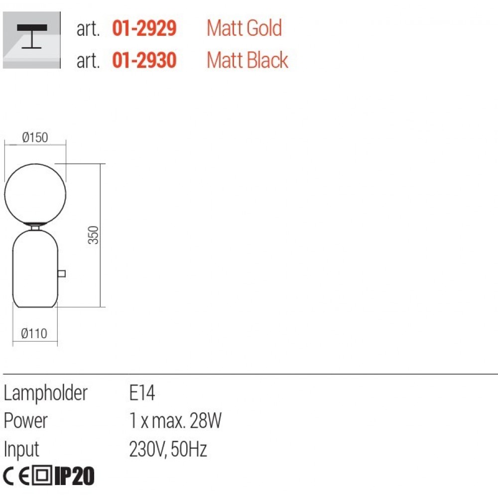 Table lamp Redo Helios, metal, glass, matt gold, 1XE14, H.35 cm
