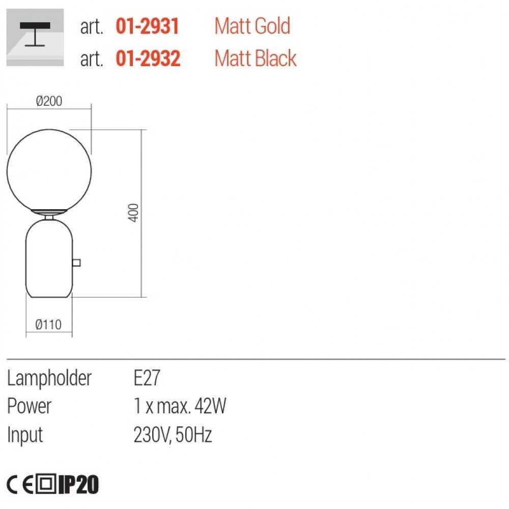 Table lamp Redo Helios, metal, glass, matt black, 1XE27, H.40 cm