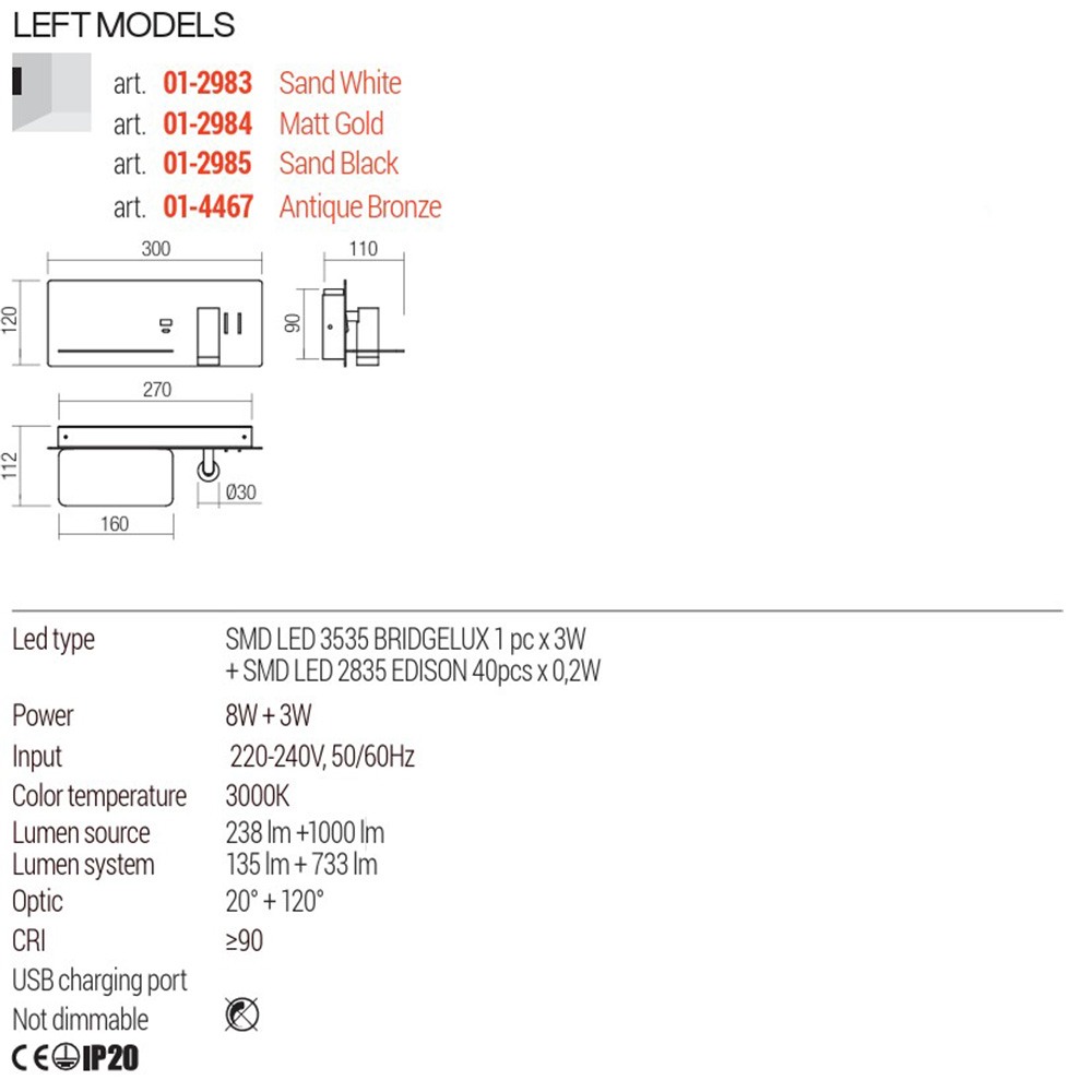 Wall lamp Redo Brook, metal, matt gold, LED, 8W+3W, 868 lumens, warm white 3000K, L.30 cm