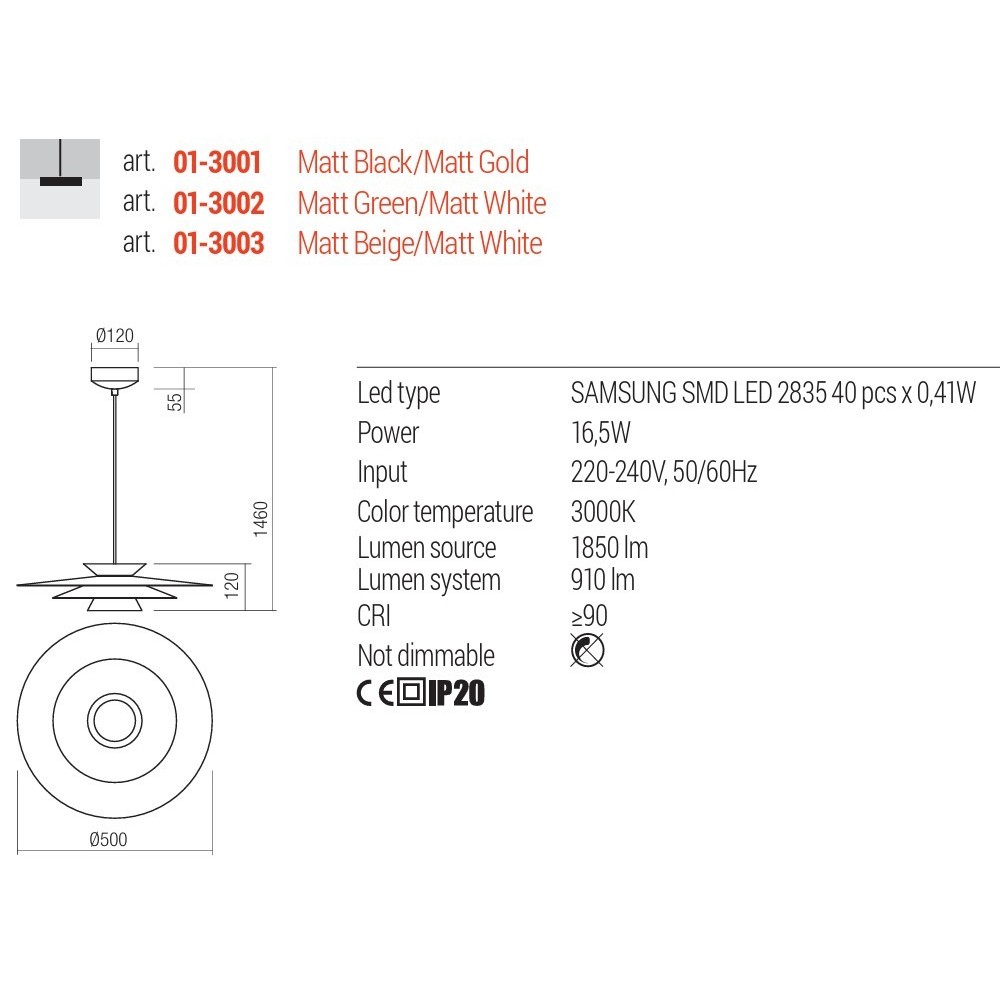 Suspension Redo Fargo, metal, matt beige/matt white, LED, 16,5W, 910 lumens, warm white 3000K, D.50 cm
