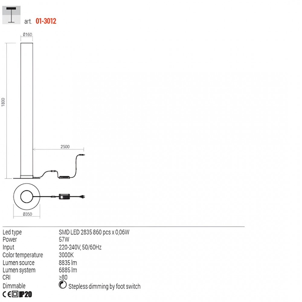 Floor lamp Redo Pilon, metal, sand white, dimmable, LED, 57W, 6885 lumens, warm white 3000K, H.180 cm