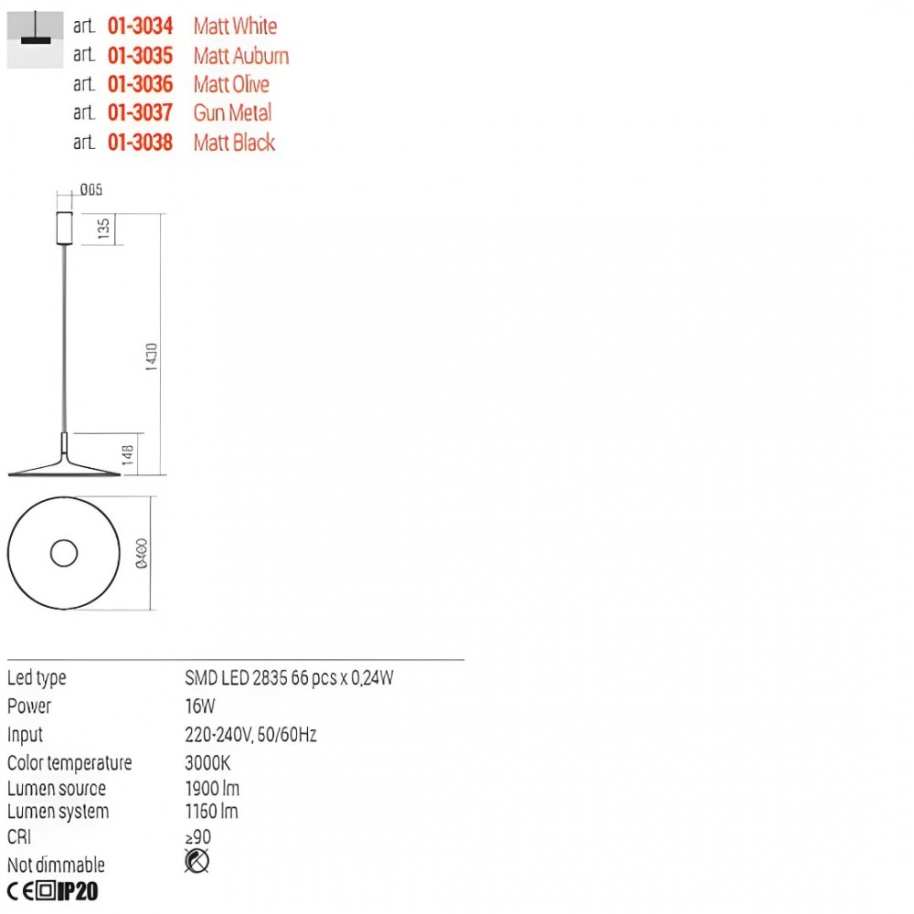 Suspension Redo Kai, metal, gunmetal, LED, 16W, 1150 lumens, warm white 3000K, D.40 cm