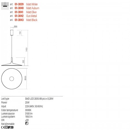 Suspension Redo Kai, metal, gunmetal, LED, 25W, 1950 lumens, warm white 3000K, D.55 cm