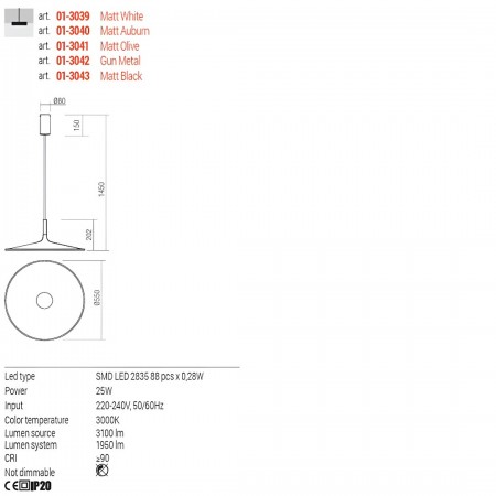 Suspension Redo Kai, metal, matt white, LED, 25W, 1950 lumens, warm white 3000K, D.55 cm