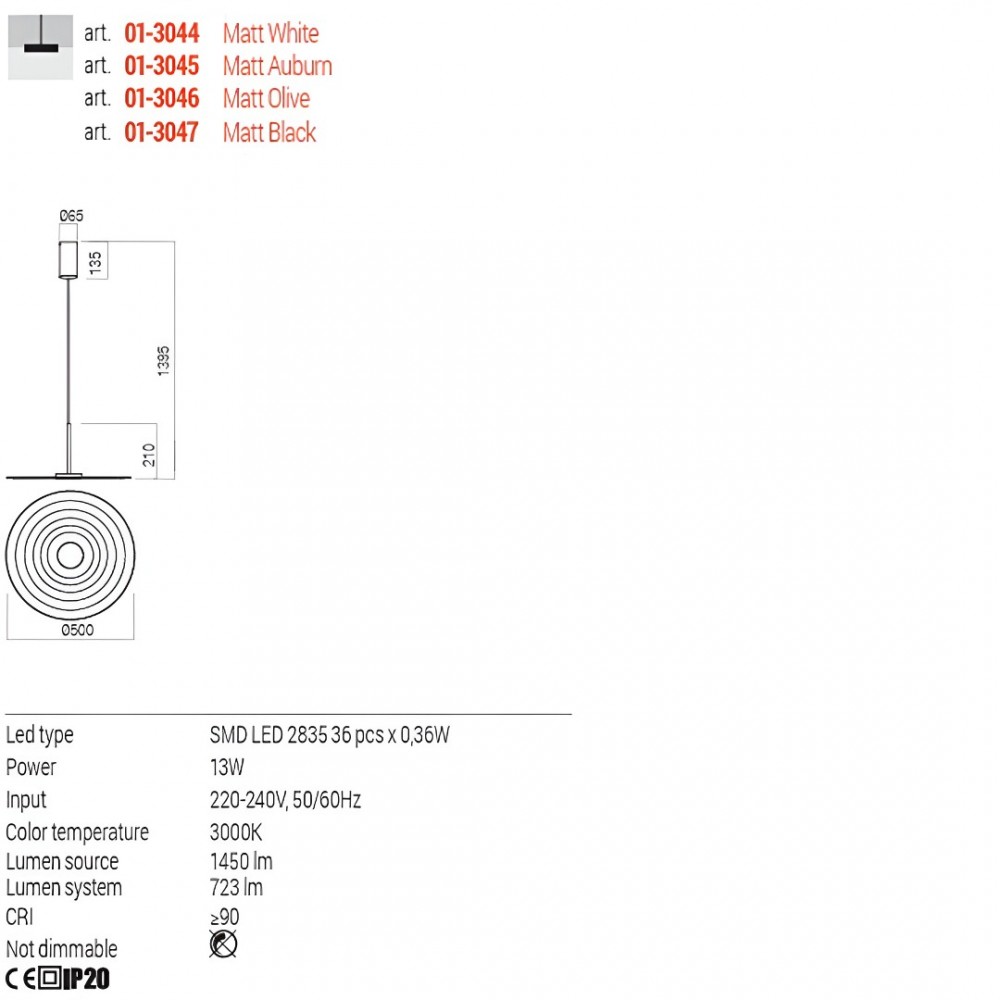 Suspension Redo Lake, metal, matt white, LED, 13W, 723 lumens, warm white 3000K, D.50 cm