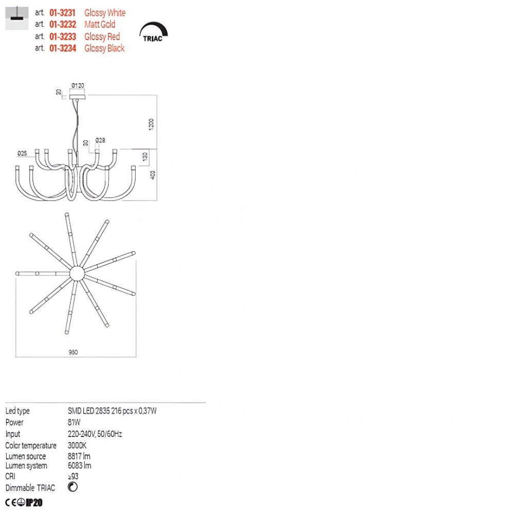 Chandelier Redo Luxor, metal, glossy black, dimmable, LED, 81W, 6083 lumens, warm white 3000K, D.96 cm