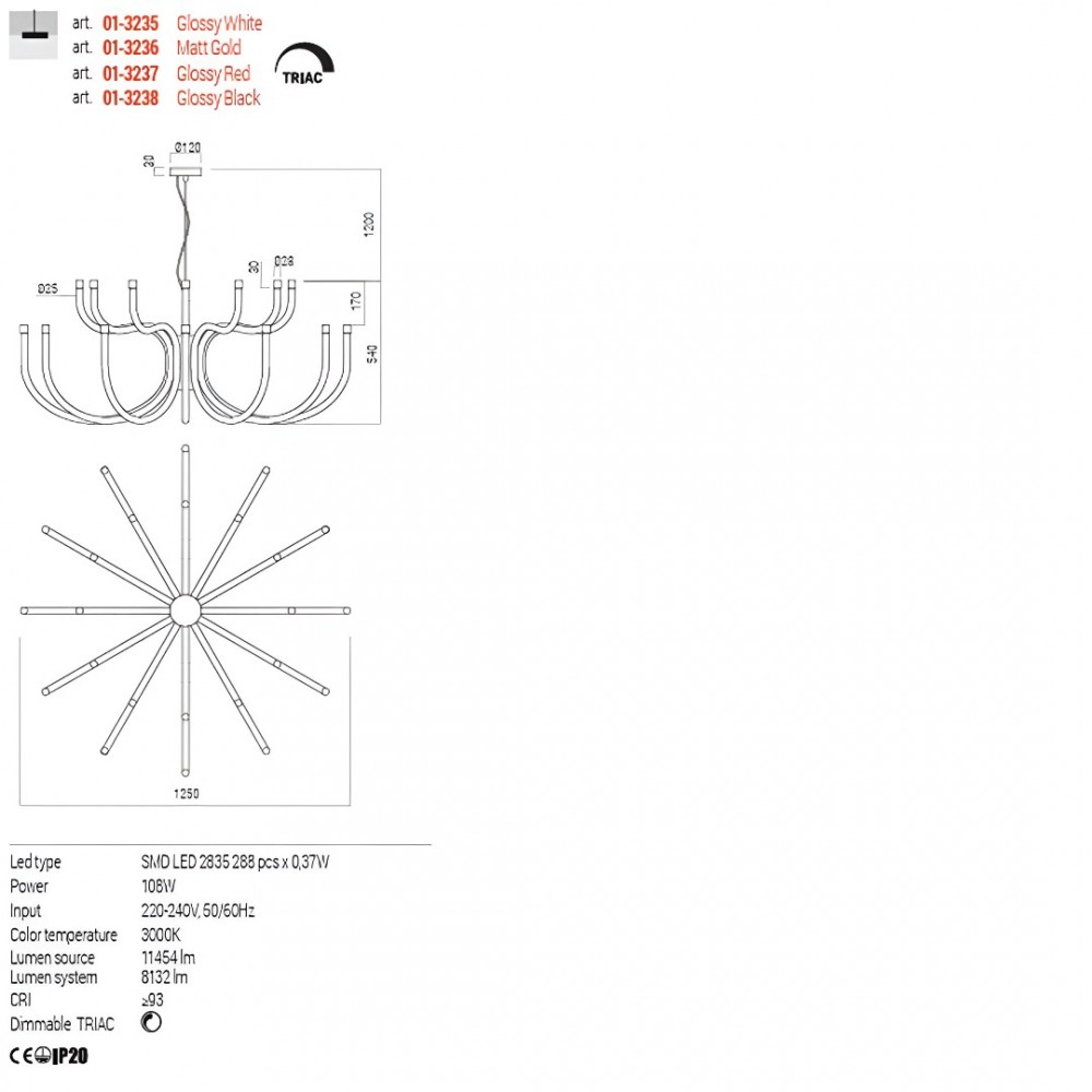 Chandelier Redo Luxor, metal, matt gold, dimmable, LED, 108W, 8132 lumens, warm white 3000K, D.125 cm