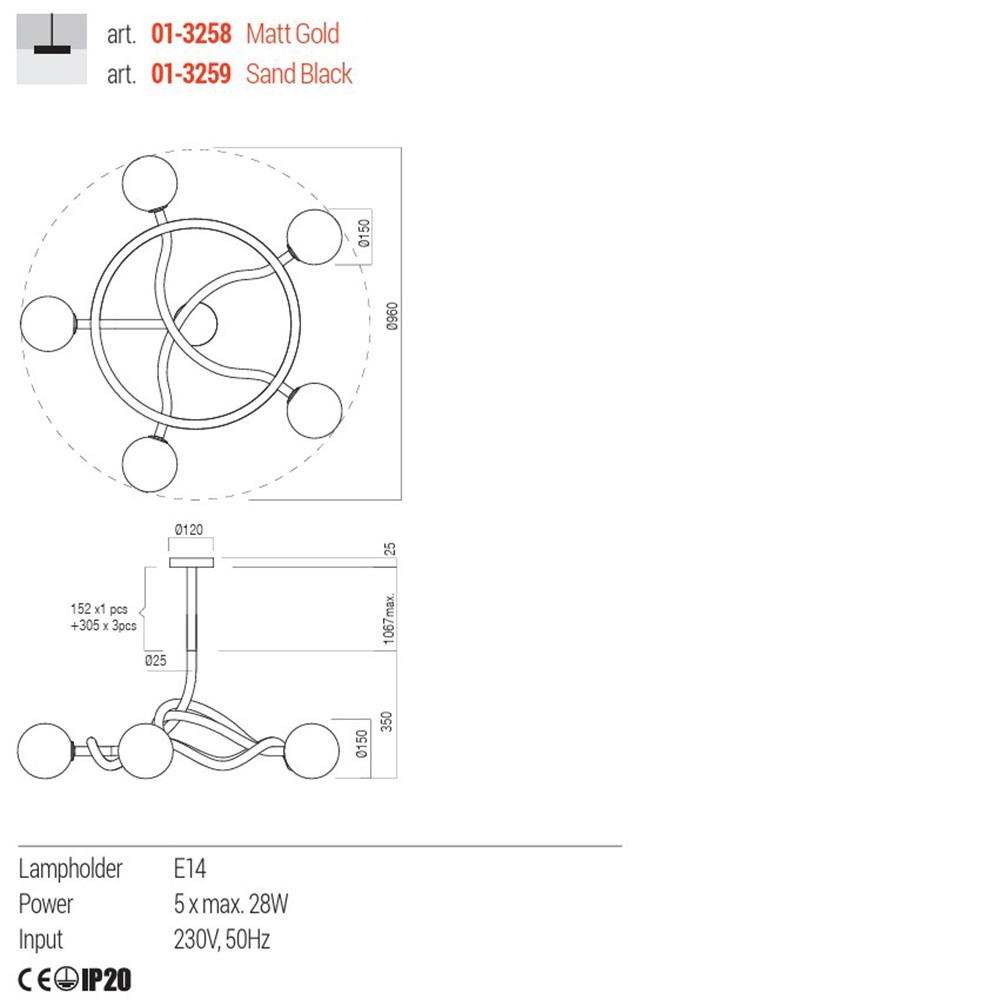 Suspension Redo Confusio, metal, glass, matt gold, 5XE14, D.96 cm