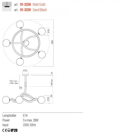 Suspension Redo Confusio, metal, glass, matt gold, 5XE14, D.96 cm
