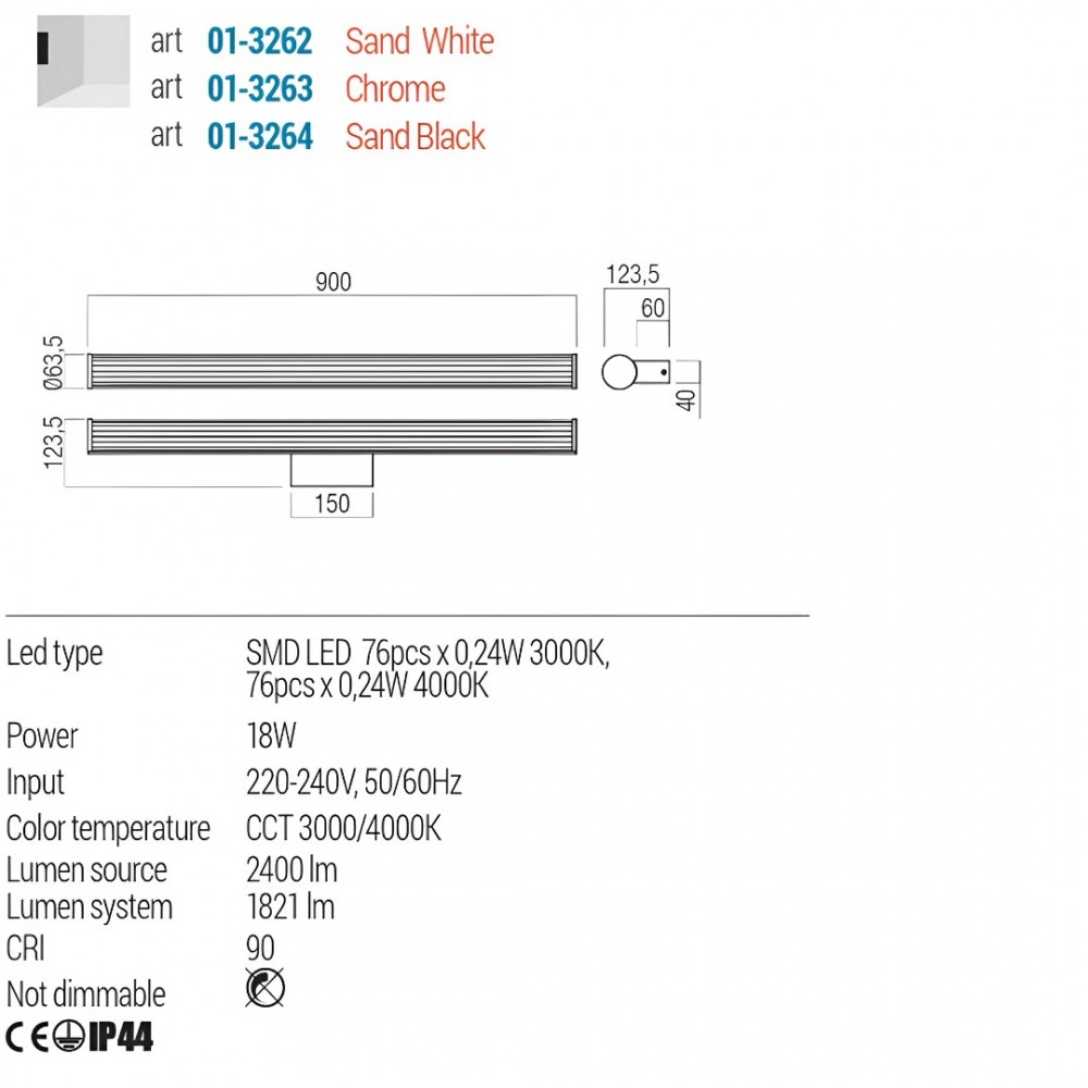 Wall lamp Redo Dizzy, metal, sand black, LED CCT, 18W, 1821 lumens, 3000K/4000K, L.90 cm, IP44