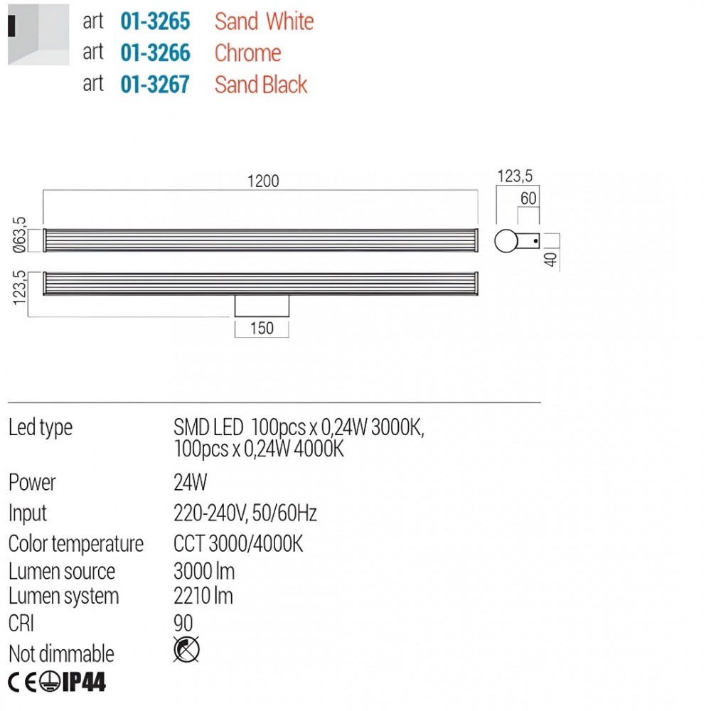 Wall lamp Redo Dizzy, metal, chrome, LED CCT, 24W, 2210 lumens, 3000K/4000K, L.120 cm, IP44