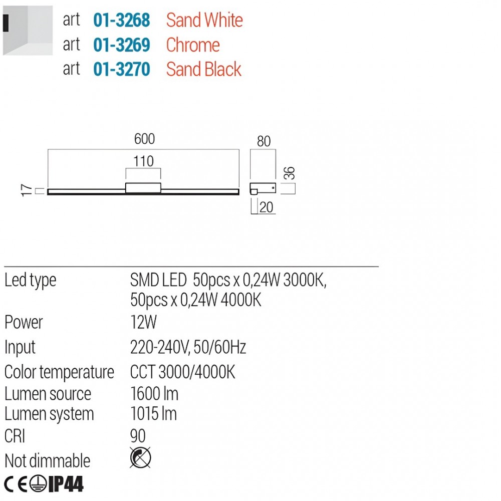 Wall lamp Redo Aston, metal, sand black, LED CCT, 12W, 1015 lumens, 3000K/4000K, L.60 cm, IP44