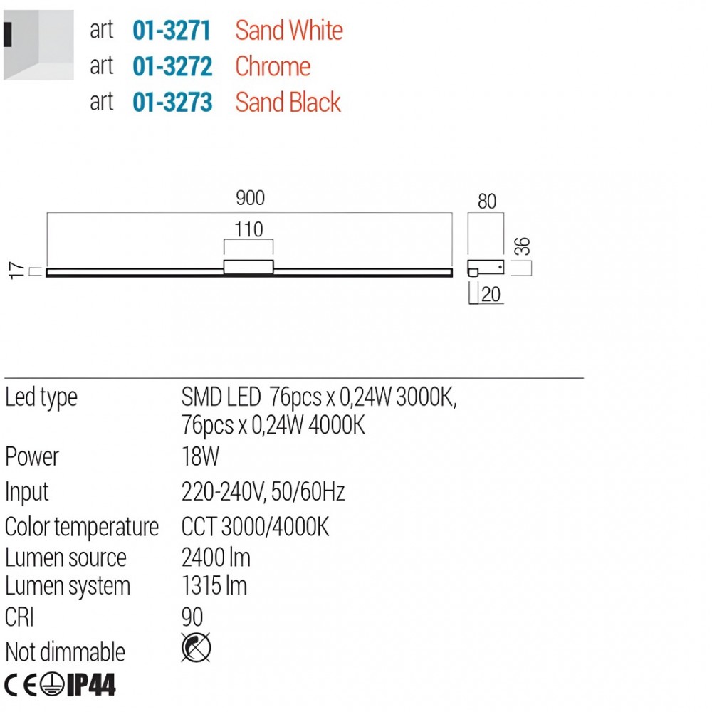 Wall lamp Redo Aston, metal, sand black, LED CCT, 18W, 1315 lumens, 3000K/4000K, L.90 cm, IP44