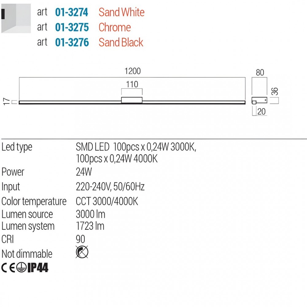 Wall lamp Redo Aston, metal, sand white, LED CCT, 24W, 1723 lumens, 3000K/4000K, L.120 cm, IP44