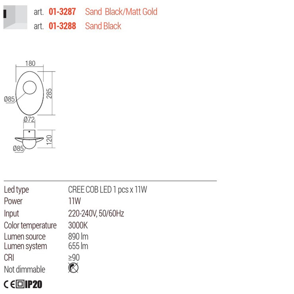 Wall lamp Redo Cody, metal, sand black/matt gold, LED, 11W, 655 lumens, warm white 3000K, H.28 cm