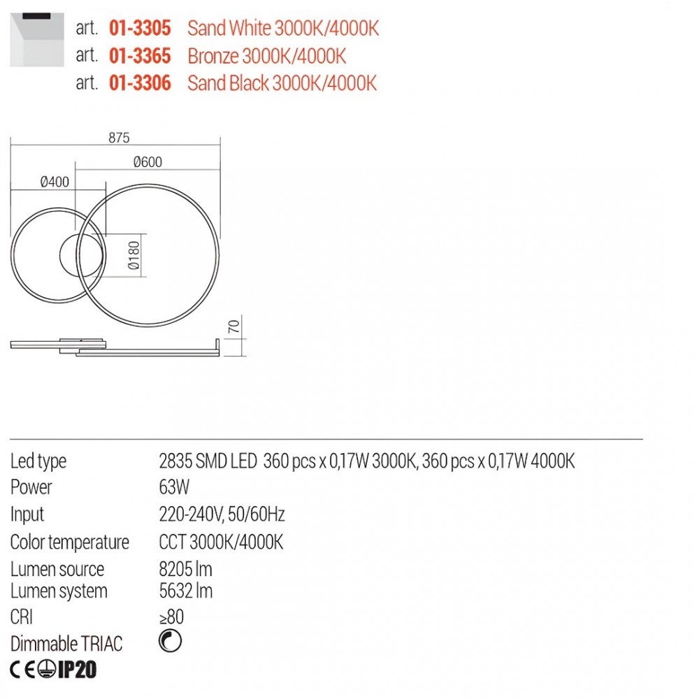 Ceiling lamp Redo Orbit, metal, sand white, dimmable, LED CCT, 63W, 5632 lumens, 3000K/4000K, L.87 cm