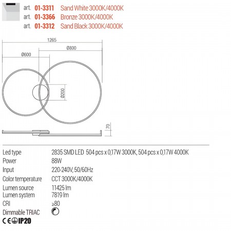 Ceiling lamp Redo Orbit, metal, sand black, dimmable, LED CCT, 88W, 7819 lumens, 3000K/4000K, L.126 cm