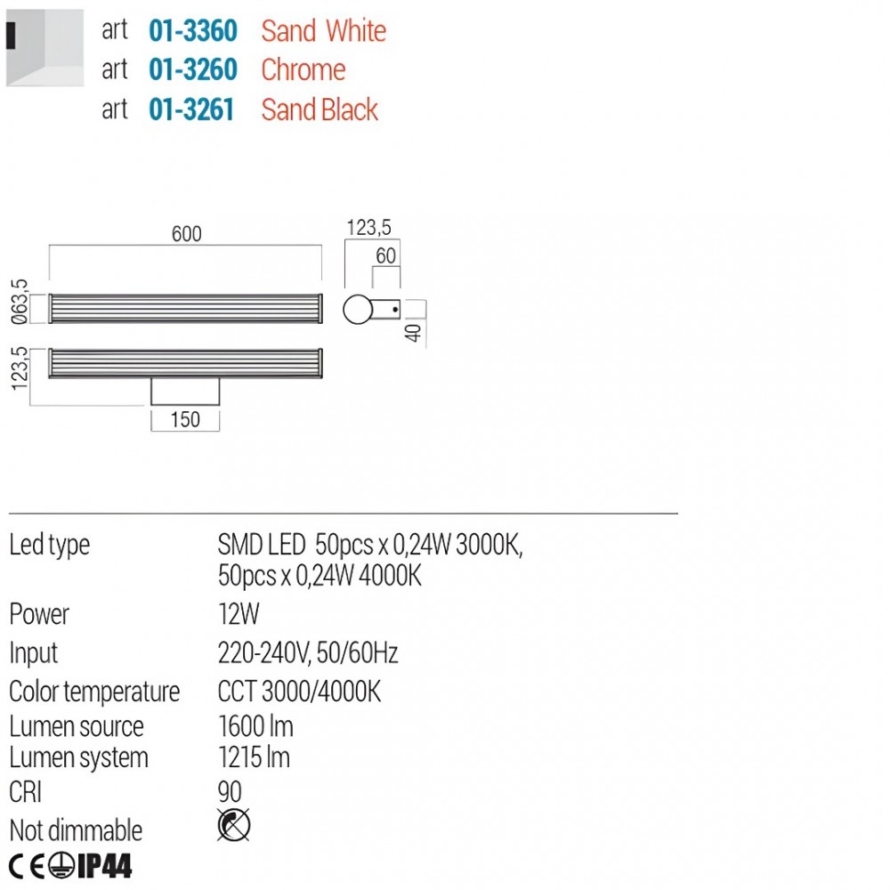 Wall lamp Redo Dizzy, metal, sand white, LED CCT, 12W, 1215 lumens, 3000K/4000K, L.60 cm, IP44