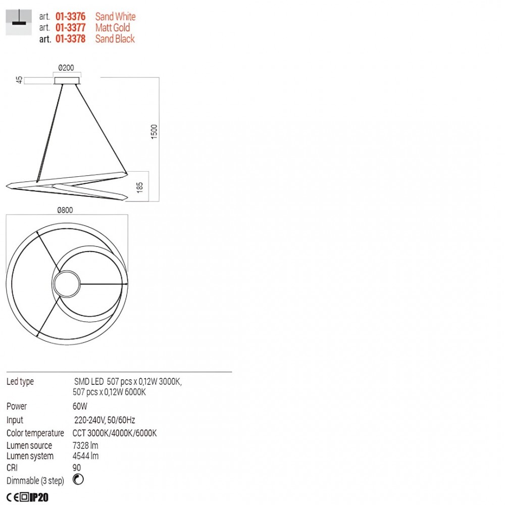 Suspension Redo Storm, metal, sand black, dimmable, LED CCT, 60W, 4544 lumens, 3000K/4000K/6000K, D.80 cm