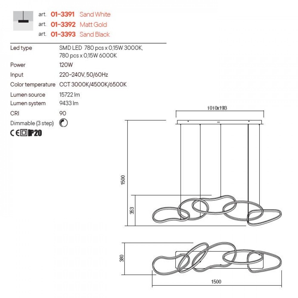 Suspension Redo Bias, metal, sand black, LED CCT, 120W, 9433 lumens, 3000K/4500K/6500K, L.150 cm