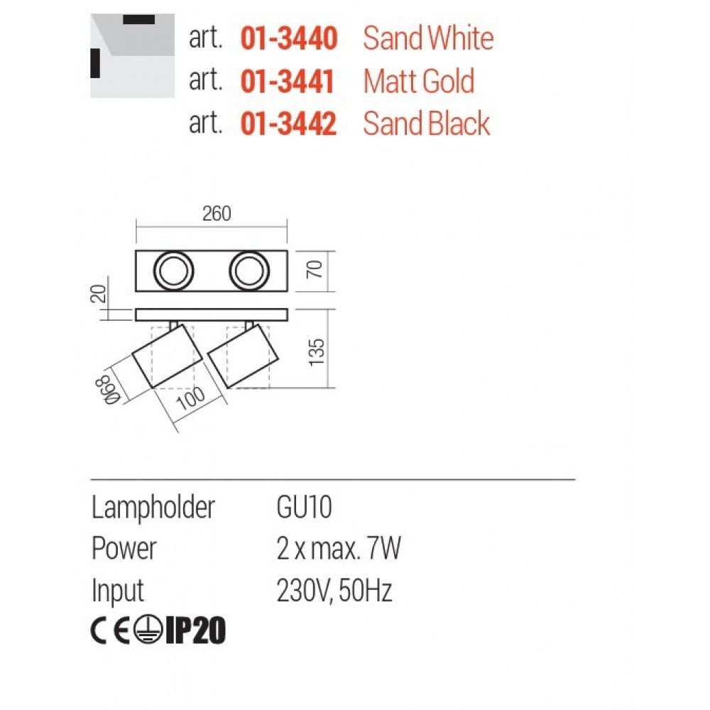 Miniprojector Redo Corinth, metal, sand black, 2XGU10, L.26 cm
