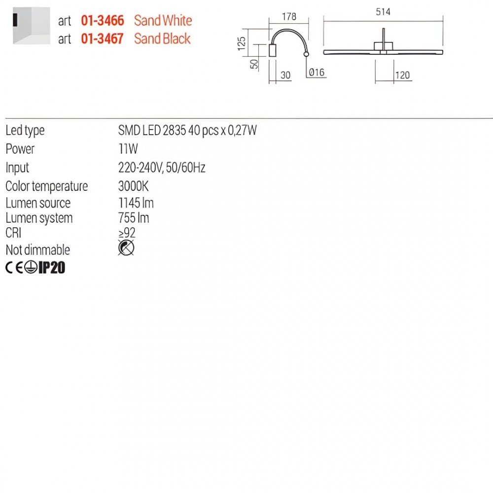 Wall lamp Redo Kendo, metal, sand white, LED, 11W, 755 lumens, warm white 3000K, L.51 cm
