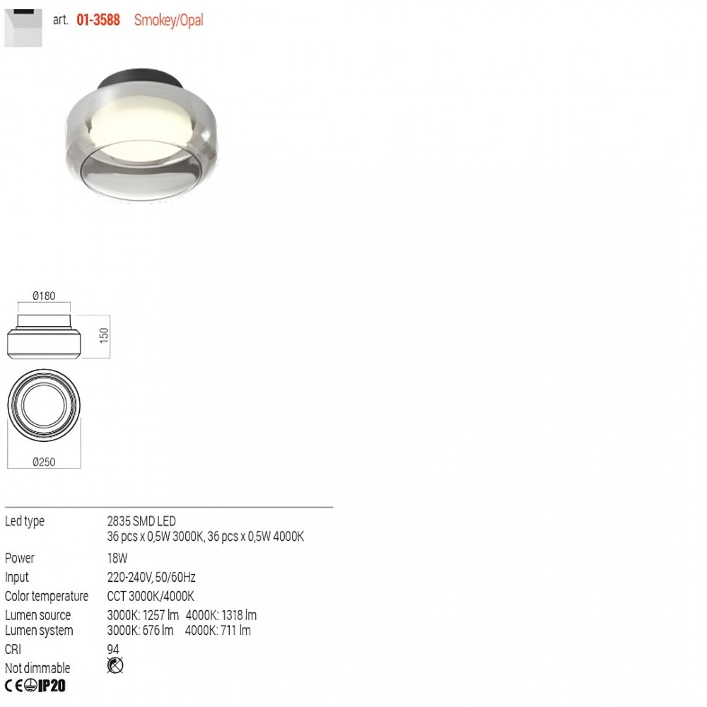 Ceiling lamp Redo Solera, metal, glass, gradient smoke/white, LED CCT, 18W, 711 lumens, 3000K/4000K, D.25 cm