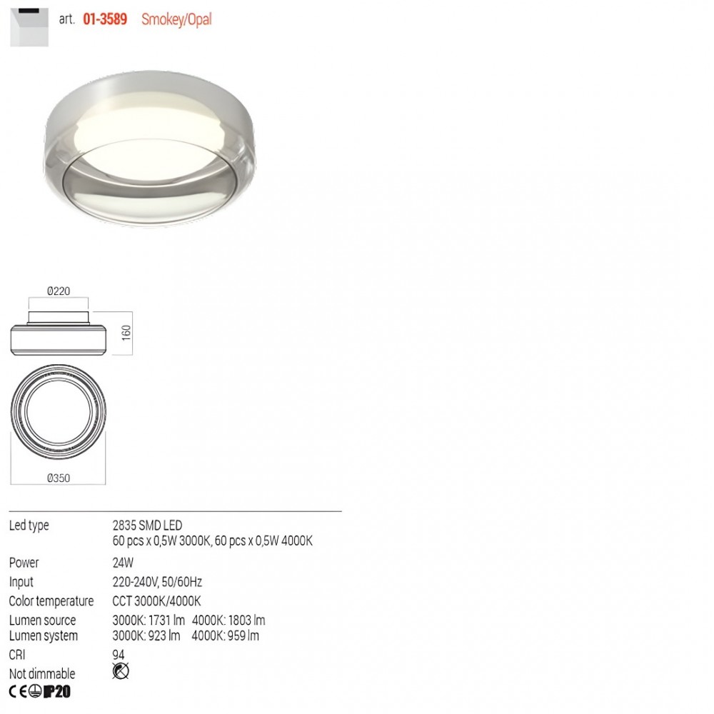 Ceiling lamp Redo Solera, metal, glass, gradient smoke/white, LED CCT, 24W, 959 lumens, 3000K/4000K, D.35 cm