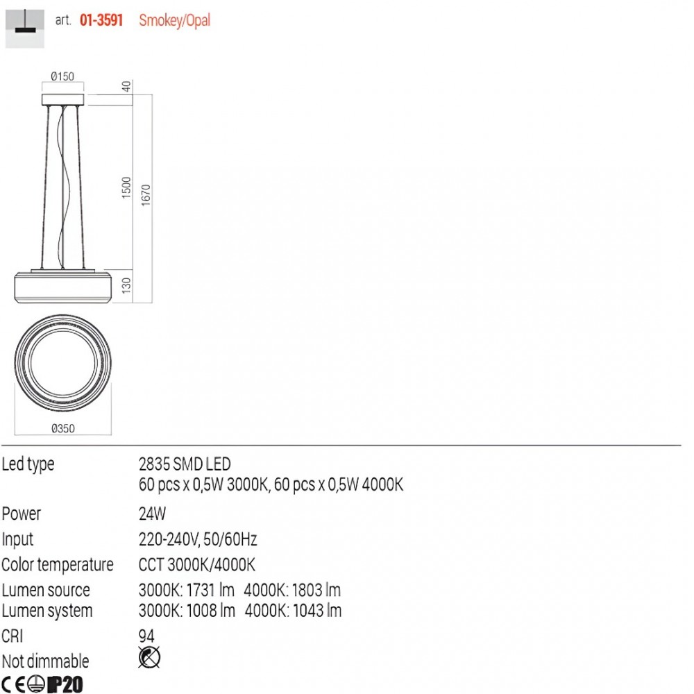 Suspension Redo Solera, metal, glass, gradient smoke/white, LED CCT, 24W, 1043 lumens, 3000K/4000K, D.35 cm