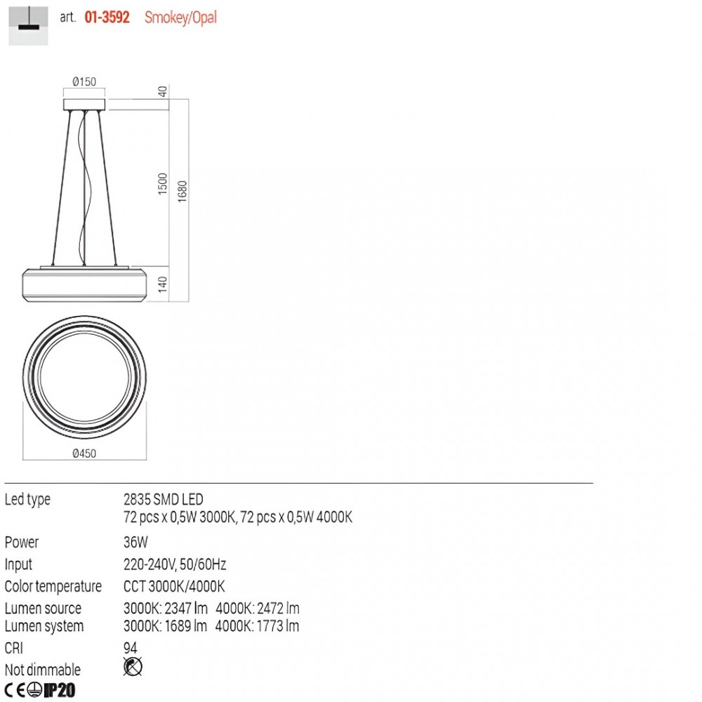 Suspension Redo Solera, metal, glass, gradient smoke/white, LED CCT, 36W, 1773 lumens, 3000K/4000K, D.45 cm