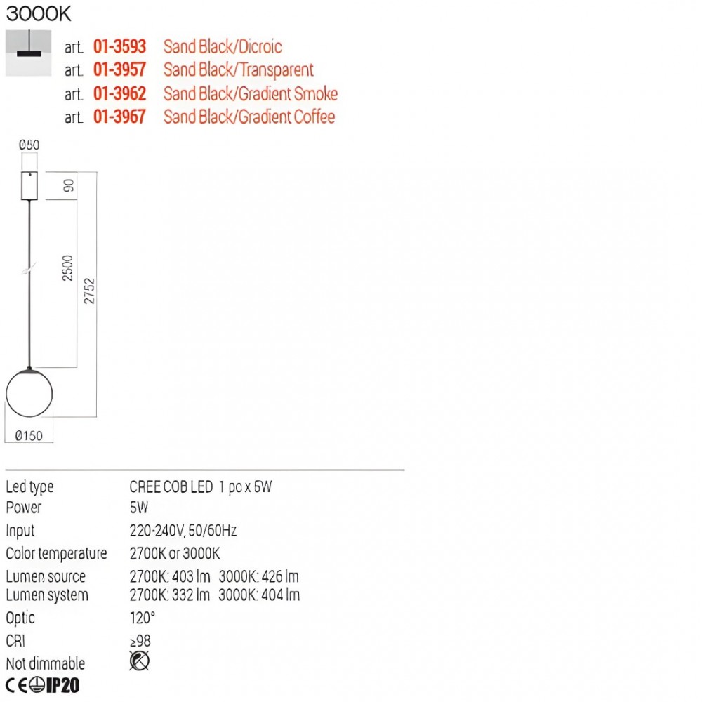 Suspension Redo Irides, metal, glass, sand black/gradient coffee, LED, 5W, 404 lumens, warm white 3000K, D.15 cm