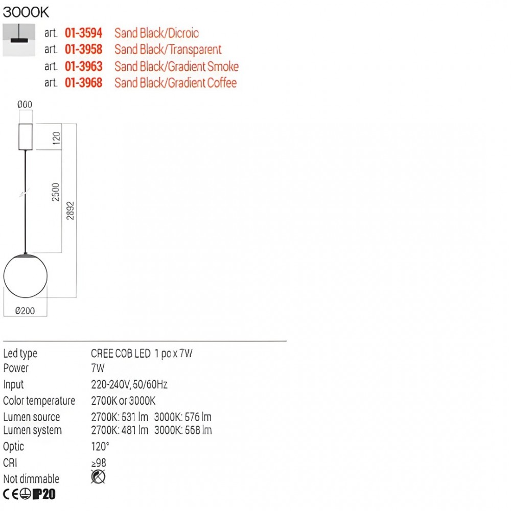 Suspension Redo Irides, metal, glass, sand black/transparent, LED, 7W, 568 lumens, warm white 3000K, D.20 cm