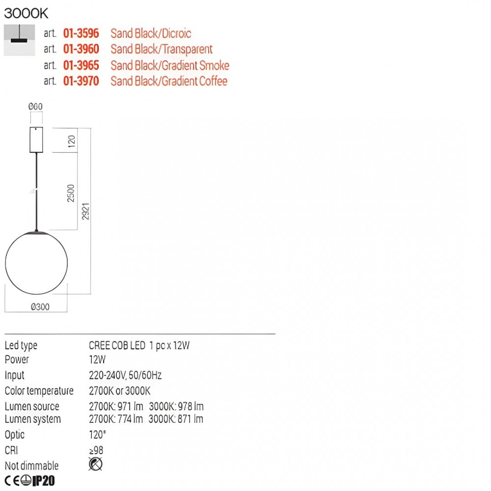 Suspension Redo Irides, metal, glass, sand black/gradient coffee, LED, 12W, 871 lumens, warm white 3000K, D.30 cm