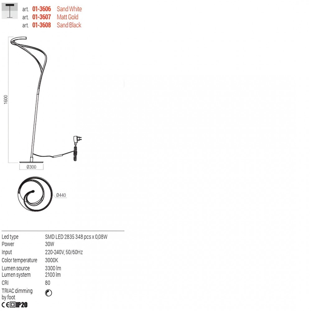 Floor lamp Redo Tempest, metal, matt gold, dimmable, LED, 30W, 2100 lumens, warm white 3000K, H.160 cm