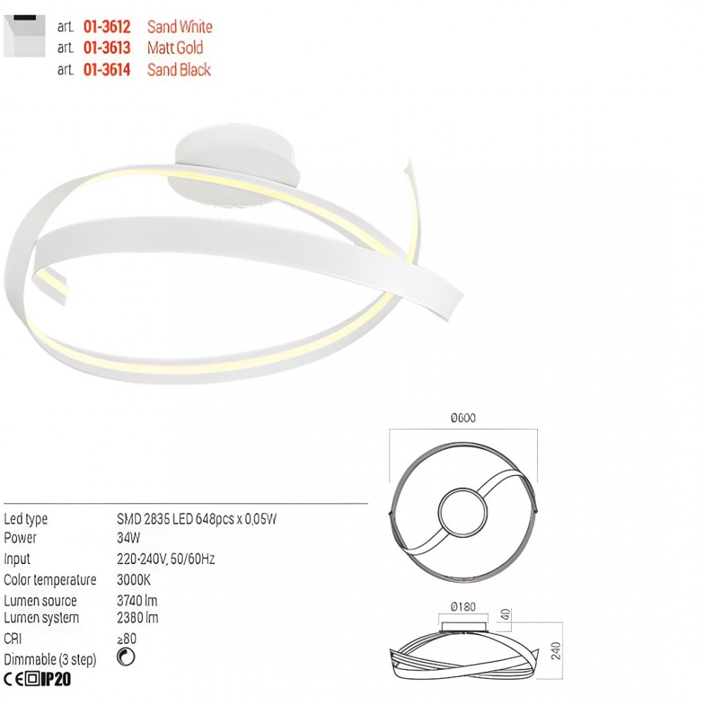 Ceiling lamp Redo Impuls, metal, sand white, dimmable, LED, 34W, 2380 lumens, warm white 3000K, D.60 cm