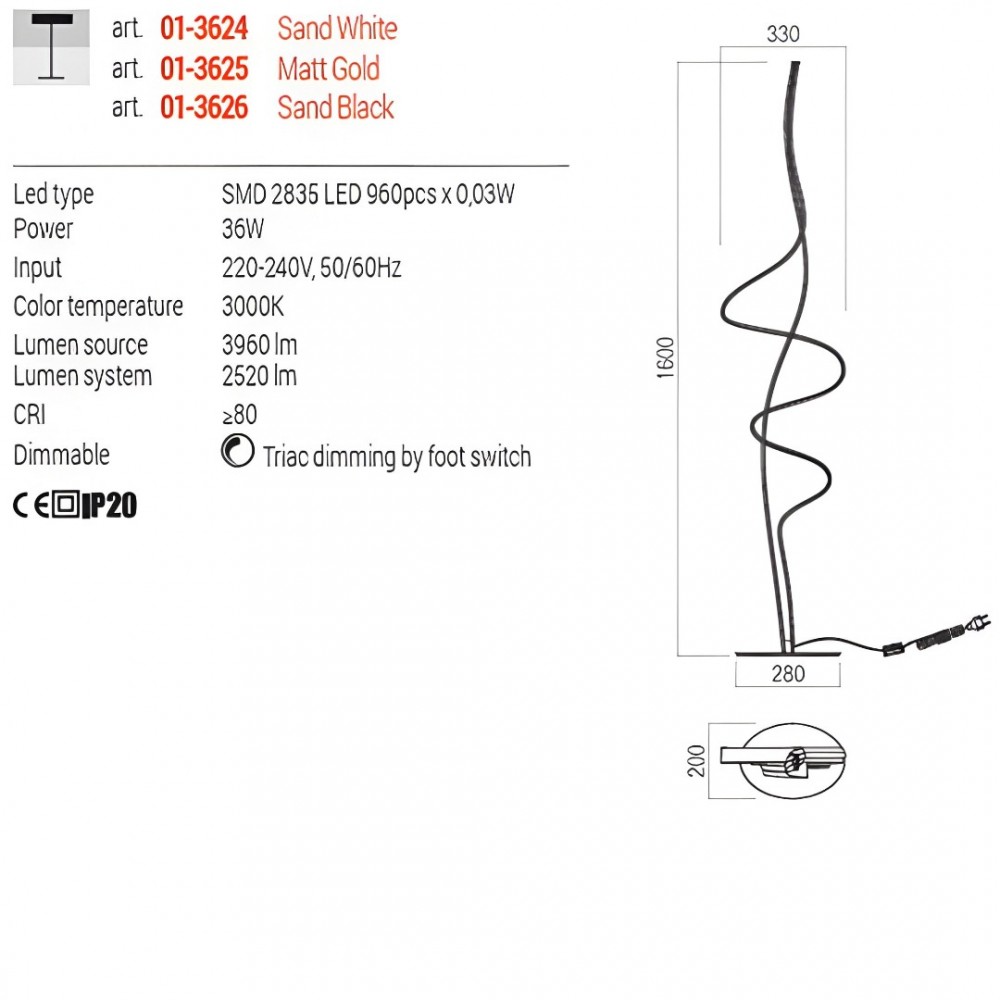 Floor lamp Redo Impuls, metal, matt gold, dimmable, LED, 36W, 2520 lumens, warm white 3000K, H.160 cm
